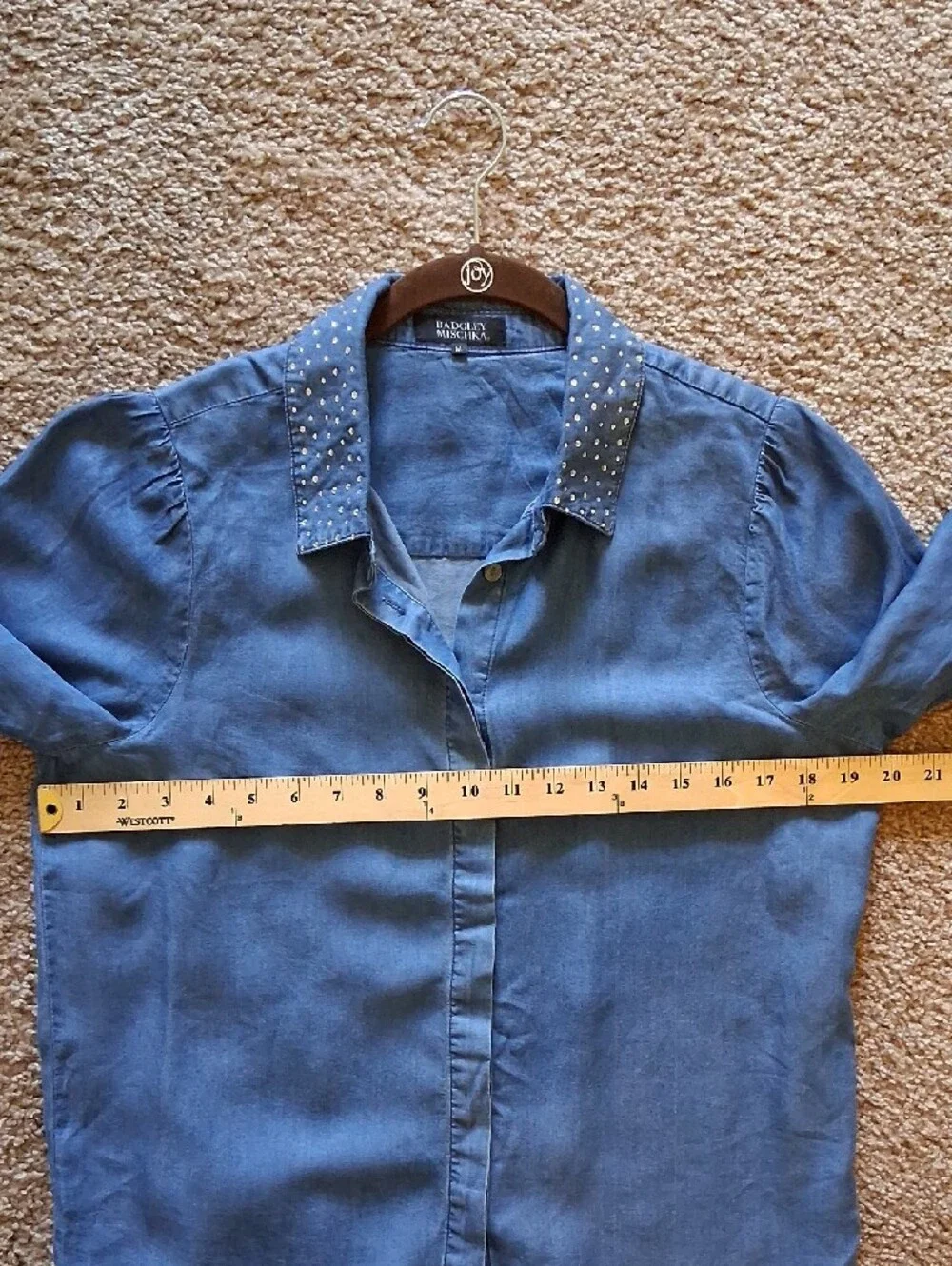 Badgley Mischka Blue Denim Button-Front Blouse + Embellished Rhinestone Collar - Picture 9 of 9
